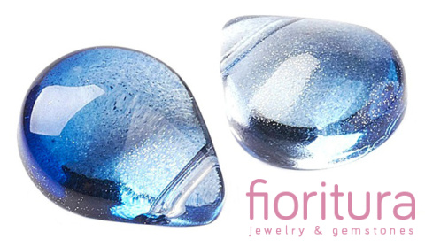 KORALIKI SZKLANE Z BROKATEM ŁEZKI GŁADKIE 12x9x6MM KOLOR BLUE TRANSPARENT