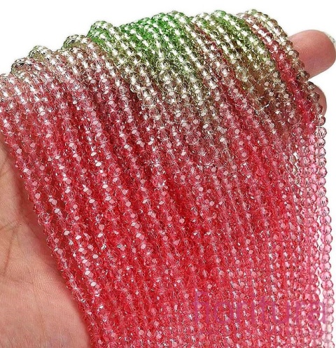 KORALIKI SZKLANE OPONKA FASETOWANA 4,5x3,6MM KOLOR ZIELONY/RÓŻOWY CIENIOWANY TRANSPARENTNY