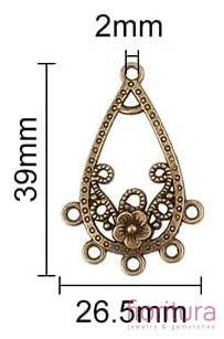 PODSTAWA KOLCZYKA   ŁEZKA Z KWIATEM 39x26,5x2,5MM KOLOR STARE ZŁOTO