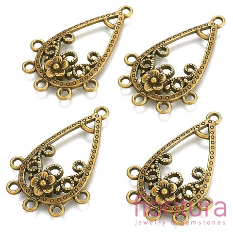 PODSTAWA KOLCZYKA   ŁEZKA Z KWIATEM 39x26,5x2,5MM KOLOR STARE ZŁOTO